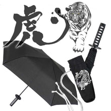 Load image into Gallery viewer, Folding Umbrella Sengoku Umbrella -wakizashi(short sword)- Tiger (Silver)/Umbrella Bag Opened: Approximately 96cm in Diameter Black JK-160-02