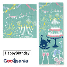 Load image into Gallery viewer, Miyamoto Tenugui JIKANSTYLE Chusen-dyed Tenugui Happy Birthday Approx. 35 x 90 cm Made in Japan 50331 (Tenugui, Japanese goods, Japanese pattern, traditional craft, dyeing, Chusen dyeing, cotton, 100% cotton, cotton cloth, towel, handkerchief, dishcloth)
