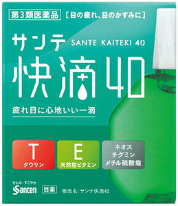 Sante Kaiteki 40 15mL Sante Kaiteki 40 is a refreshing eye drop. The eye drops contain natural vitamin E, which promotes blood circulation and has antioxidant effects, and it also has neostigmine methyl sulfate which improves the focus control function to improve eye fatigue and blurred vision (when there is a lot of tingling sensation in the eyes).