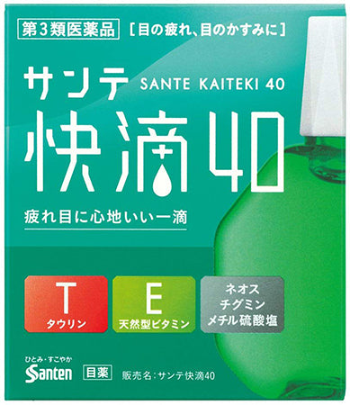 Sante Kaiteki 40 15mL Sante Kaiteki 40 is a refreshing eye drop. The eye drops contain natural vitamin E, which promotes blood circulation and has antioxidant effects, and it also has neostigmine methyl sulfate which improves the focus control function to improve eye fatigue and blurred vision (when there is a lot of tingling sensation in the eyes).